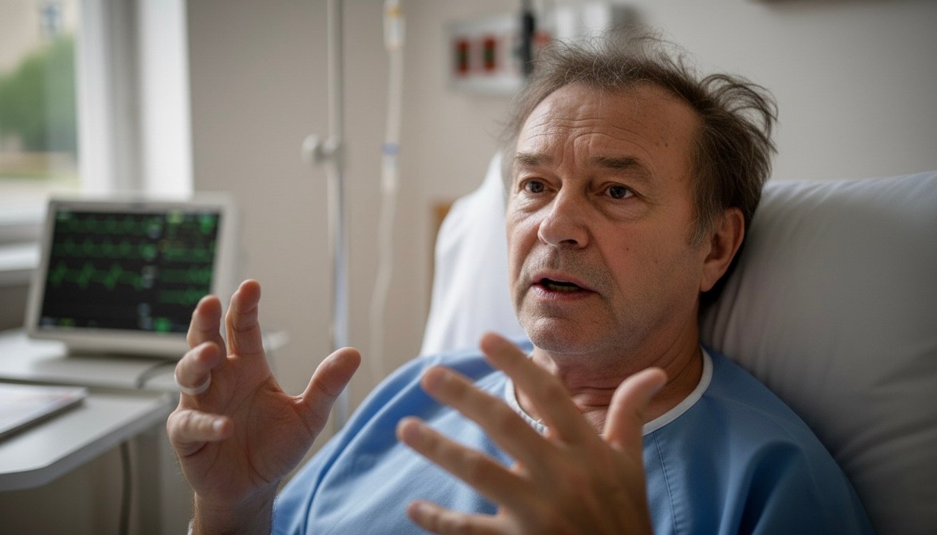 Férfi kórházi ágyban, kórházi köntösben, orvosi monitorok