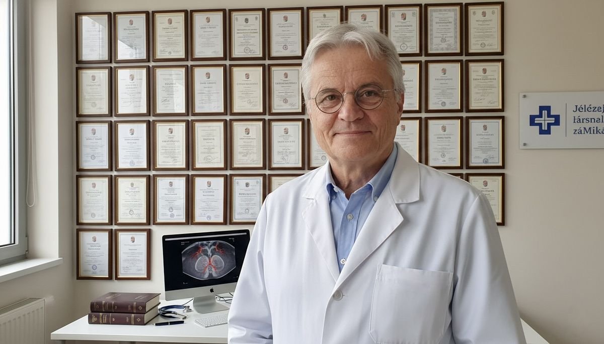 Dr. Csókay András professzor — doktor fehér köpenyben, irodában, orvosi monitorral és oklevelekkel a falon